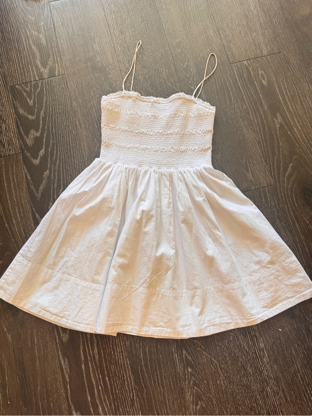 Aritzia White Smocked Spaghetti-Strap Mini Dress